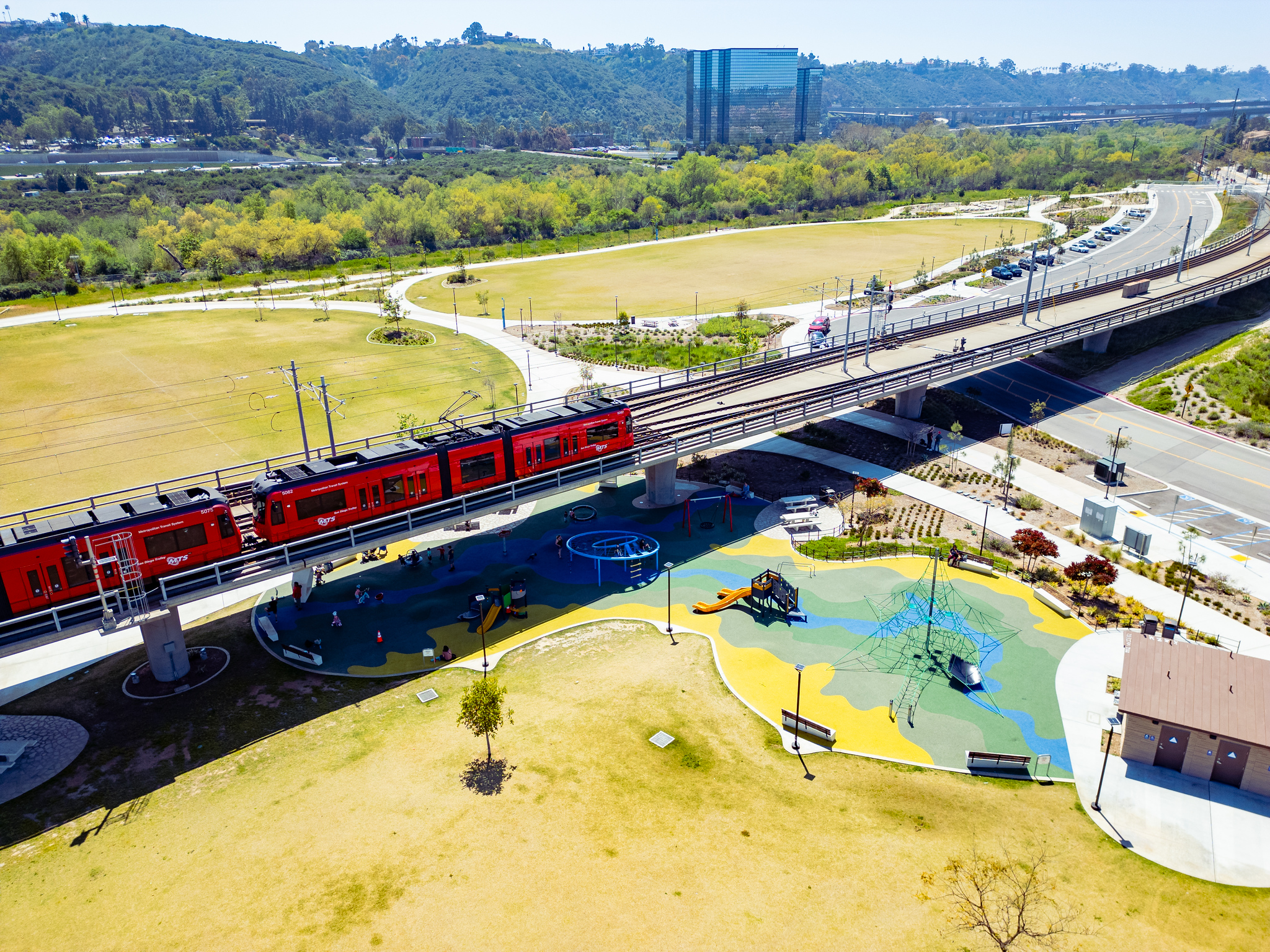 Overhead view of the trolley and the park